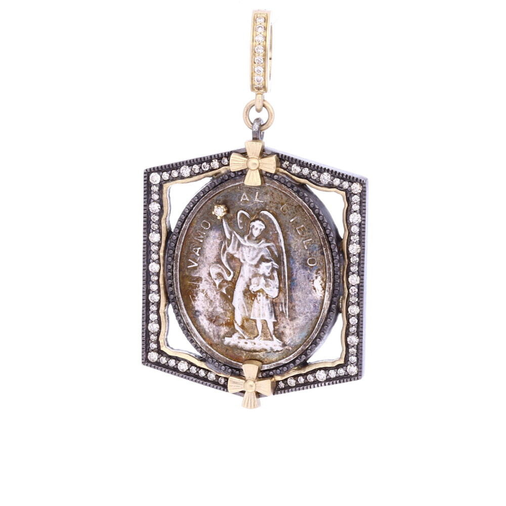 <div style="position: initial; margin: initial;"><span style="font-size: 13pt; font-family: Roboto, Arial; position: initial; margin: initial;">This Spanish Guardian Angel has a powerful message on the front which translates to "We go to Heaven" and the back "There is our model". Belief in Guardian Angels can be traced throughout all antiquity. This Spanish medal represents your Guardian Angel that has been with you since you took your first breath and will be with you when you pass out of your body and return to the spiritual realms. This angel is unique to you and is there to guide you through your “spiritual journey” here on earth. She is a reminder of your faith in God and that you are never alone. This Spanish medal is set inside a Cynthia Ann 14k yellow gold 3.4g, champagne diamond 0.67tcw, and rhodium sterling bezel.</span><br style="position: initial; margin: initial;"></div> Antique Spanish Silver Guardian Angel