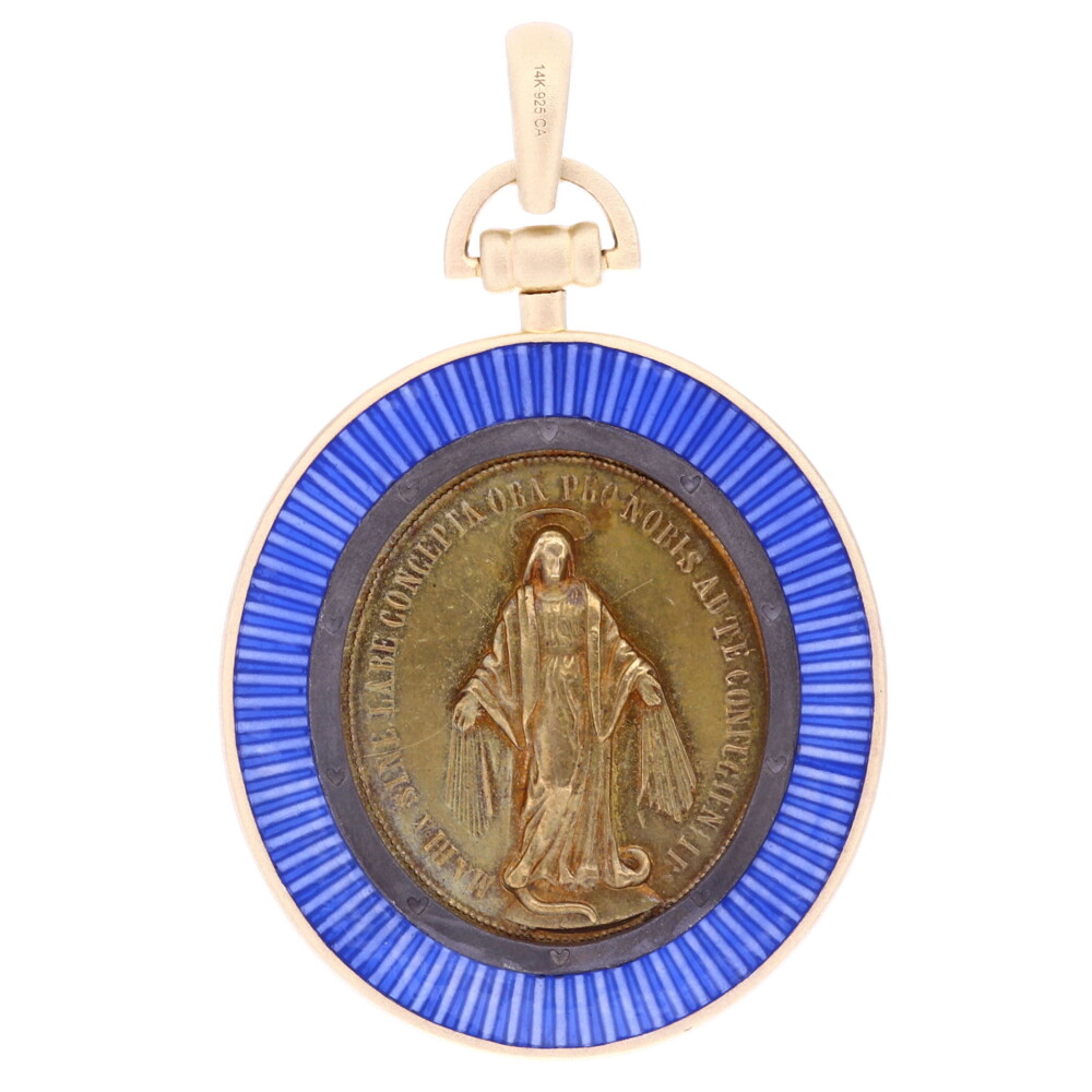 Antique Sacred Heart Medal w/ Blue Enamel 