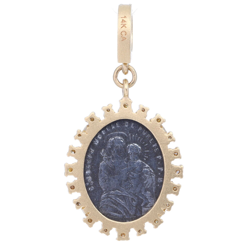14k: 6.00g<div style="position: initial; margin: initial;">DIA: 0.60tcw</div><div style="position: initial; margin: initial;"><br style="position: initial; margin: initial;"></div><div style="position: initial; margin: initial;">front - st ange gardien soyez mon guide</div><div style="position: initial; margin: initial;"><div style="position: initial; margin: initial;">st guardian angel be my guide</div><div style="position: initial; margin: initial;"><br style="position: initial; margin: initial;"></div></div><div style="position: initial; margin: initial;">back - st joseph model de purete p.p.n</div><div style="position: initial; margin: initial;">st joseph model of purity Pray For Us<br style="position: initial; margin: initial;"></div> Antique French Guardian Angel Medal Pendant