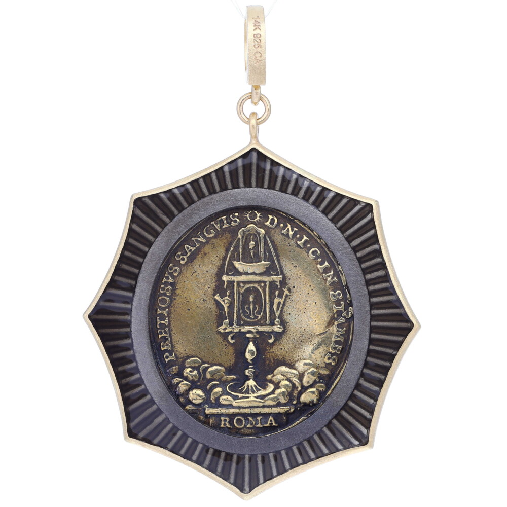 14k: 7.45g<div>DIA: 0.55tcw</div> Antique Mary & Jesus Vatican Medal Pendant with Deep Blue Enamel