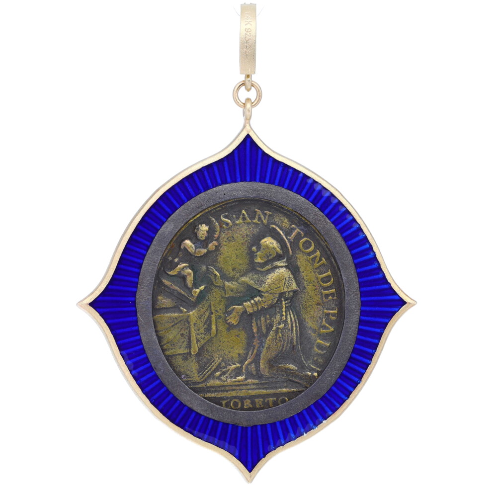 14k: 8.35g<div>DIA: 0.66tcw</div> Antique Vatican Nativity Scene Medal Pendant w/ Blue Enamel
