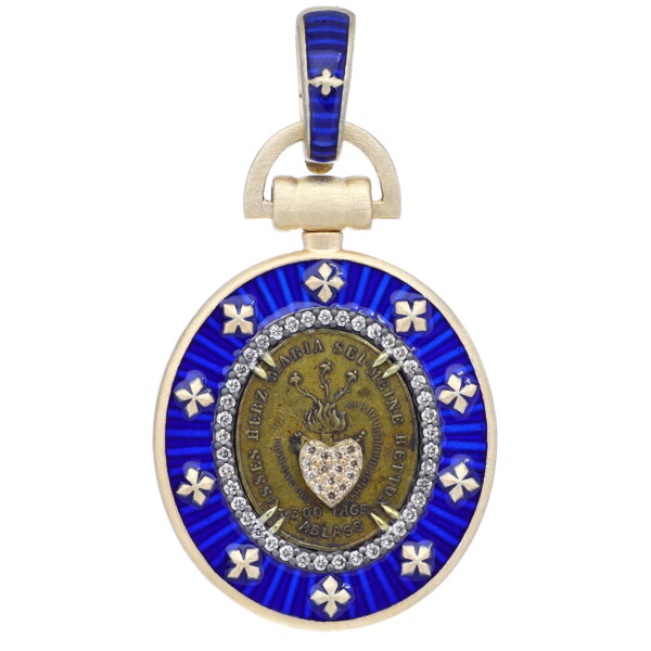 Closeup photo of Antique Sacred Heart Medal w/ Enamel Bezel Pendant