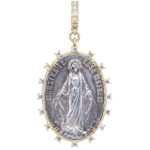 Closeup photo of Large Antique Virgin Mary medal w/ Diamond Halo