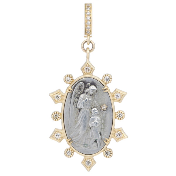 Closeup photo of Antique Oval Guardian Angel Medal Pendant