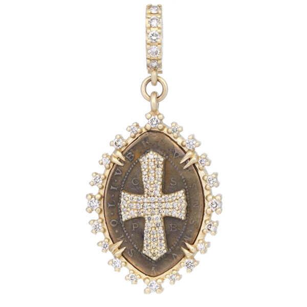 Closeup photo of Antique St Benedict Medal Pendant with Cross Overlay