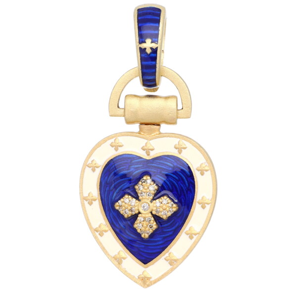 Closeup photo of Enamel Heart Cross Pendant with Blue Enamel