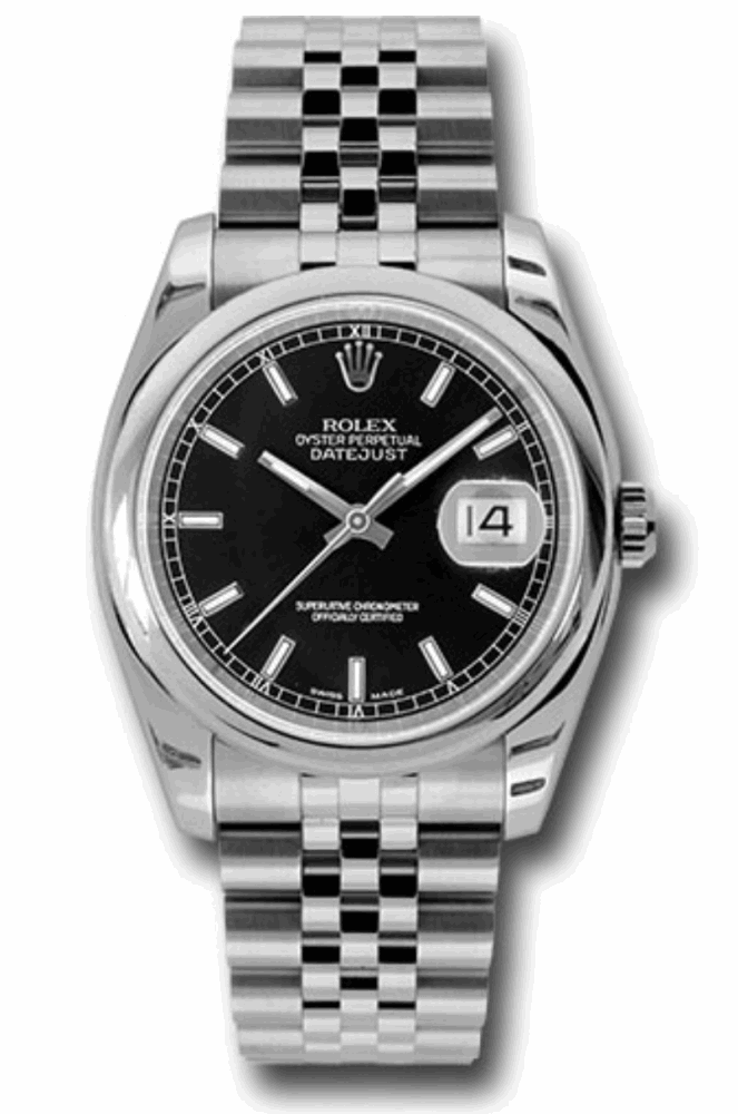 Rolex Oyster Perpetual Datejust. 36mm stainless steel case, domed bezel, black dial, index hour markers, and Jubilee bracelet. Brand New Complete Rolex with Box, Card & Booklets. Please confirm availability BEFORE purchase! Rolex Style No: 116200 bksj Rolex Oyster Perpetual Datejust Watches 36mm stainless steel case, domed bezel, black dial, index hour markers, and Jubilee bracelet