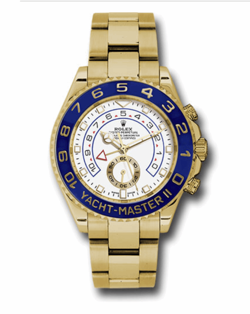 Rolex Yacht-Master II. 44mm 18K yellow gold case, 90 degree rotatable blue ceramic Ring Command bezel, white dial, automatic movement with programmable countdown function, and Oysterlock bracelet. <span style="color: rgb(51, 51, 51); font-family: Verdana, Geneva, Tahoma, sans-serif; position: initial; margin: initial;"><font style="font-size: 1.2rem; line-height: 22px; position: initial; margin: initial;">I</font></span><span style="font-size: 1.2rem; position: initial; margin: initial;">t is Brand New Complete Rolex with Box, Card & Booklets. Please confirm PRICE AND availability BEFORE purchase! The Prices can change very quickly, so we cannot guarantee price or availability for every watch unless we email you confirmation! We can usually order these watches for delivery within a few days. We are not affiliated with ROLEX in any way, but just have years of contacts in the luxury goods and fine jewelry industry to acquire legit merchandise at value prices.</span> 44mm 18K yellow gold case, blue ceramic Ring Command bezel, white dial, and Oysterlock bracelet