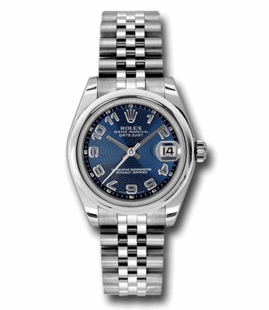 Rolex Datejust, model 178240, midsize 31mm stainless steel case, domed bezel, blue concentric circle dial, Arabic numerals, and Jubilee bracelet. <span style="color: rgb(51, 51, 51); font-family: Verdana, Geneva, Tahoma, sans-serif; position: initial; margin: initial;"><font style="font-size: 1.2rem; line-height: 22px; position: initial; margin: initial;">I</font></span><span style="font-size: 1.2rem; position: initial; margin: initial;">t is Brand New Complete Rolex with Box, Card & Booklets. Please confirm PRICE AND availability BEFORE purchase! The Prices can change very quickly, so we cannot guarantee price or availability for every watch unless we email you confirmation! We can usually order these watches for delivery within a few days. We are not affiliated with ROLEX in any way, but just have years of contacts in the luxury goods and fine jewelry industry to acquire legit merchandise at value prices.</span> Rolex Midsize 31mm stainless steel case, domed bezel, blue concentric circle dial, Arabic numerals, and Jubilee bracelet