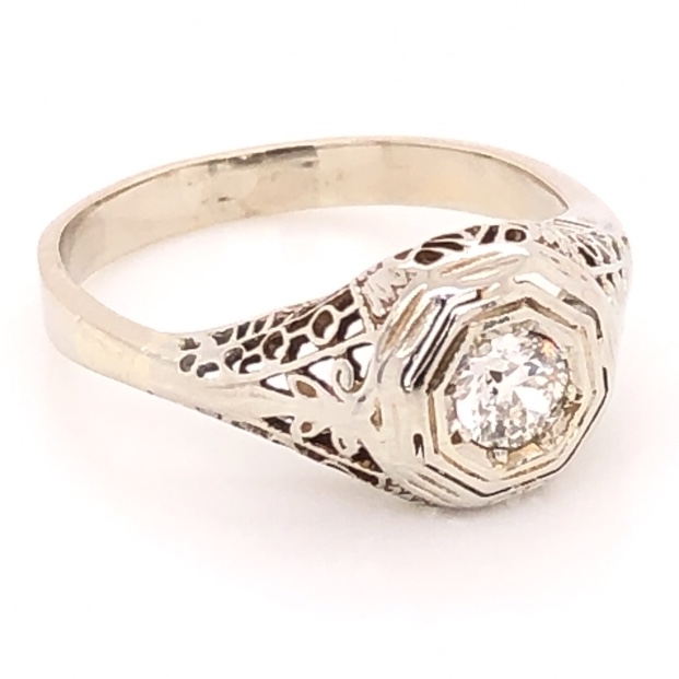 14K White Gold Art Deco Filigree .17ct Old European Cut Diamond Ring 1 ...