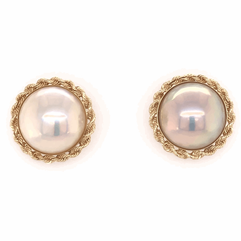 14K Yellow Gold Mabe Pearl Earrings with Rope style Bezel 5/8