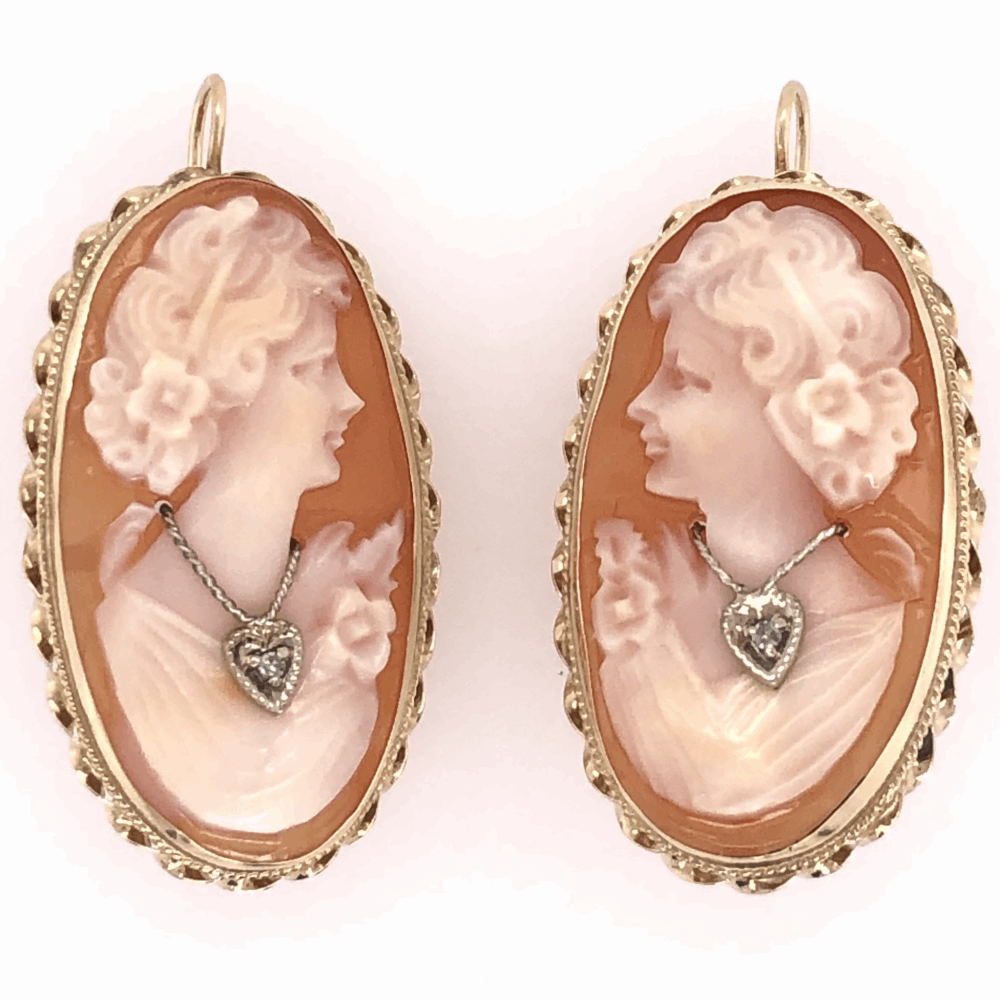 14K Yellow Gold Shell Cameo Diamond Earrings with Shepard Hooks 6.5g, 1.75" tall