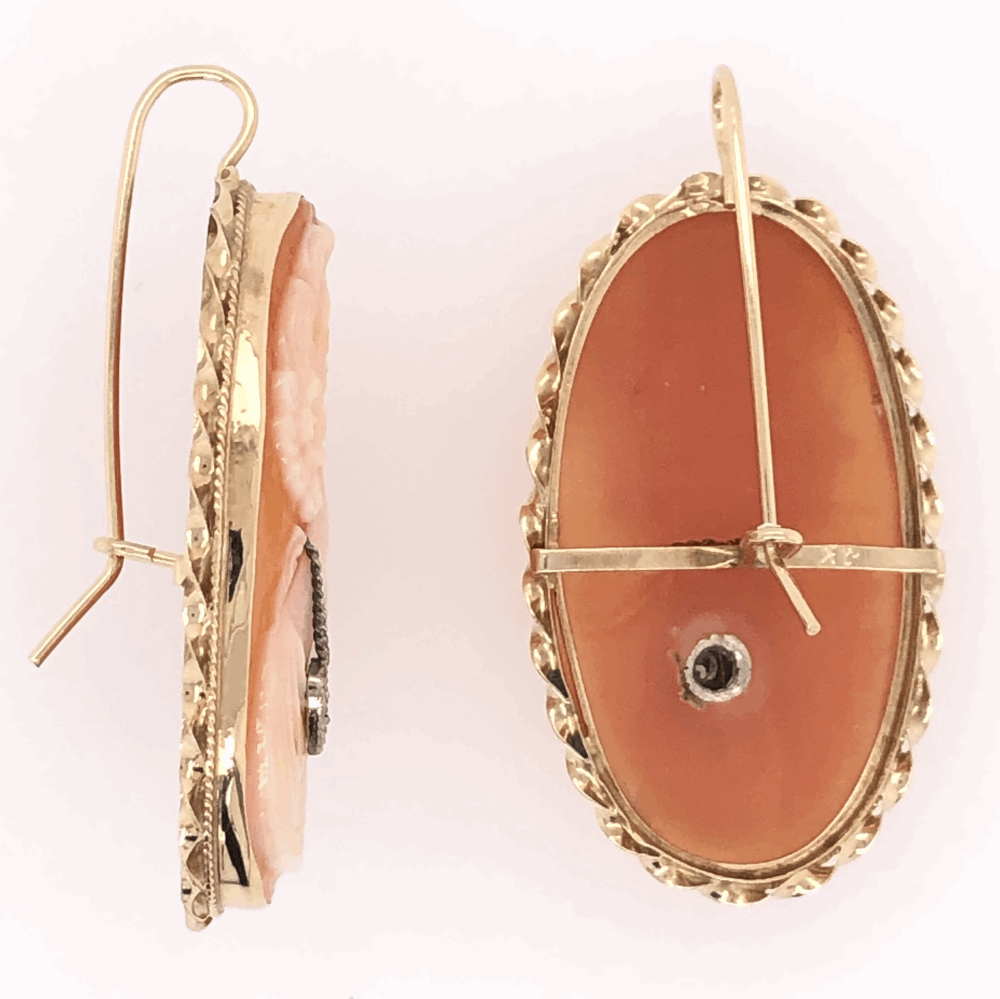 Image 2 for 14K Yellow Gold Shell Cameo Diamond Earrings with Shepard Hooks 6.5g, 1.75" tall