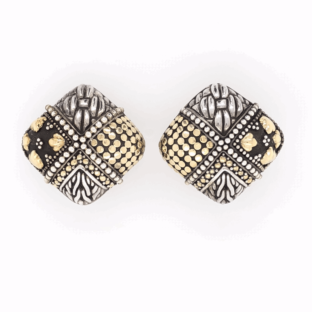 925 & 18K Yellow Gold JOHN HARDY Clip Earrings with Four Seasons Design 17.5g, 7/8" Tall