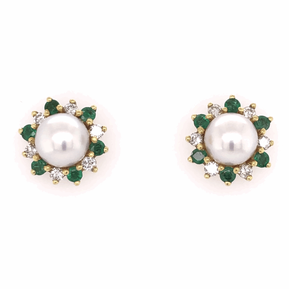 18K Yellow Gold HONORA Pearl Earrings with .54tcw Diamonds & .50tcw Emeralds 7.9g