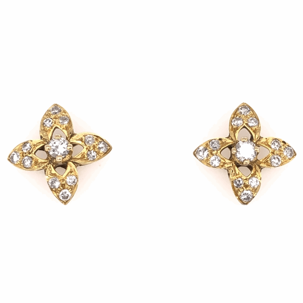 18K Yellow Gold Diamond Flower Stud Earrings .50tcw, 3.9g, 1/2" Diameter