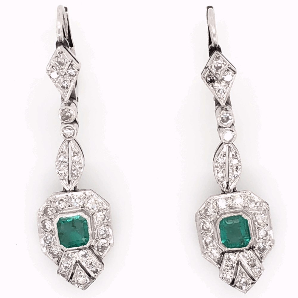 Platinum Art Deco .50tcw Emerald & ,55tcw Diamond Drop Earrings 5.9g, 1.5" Tall