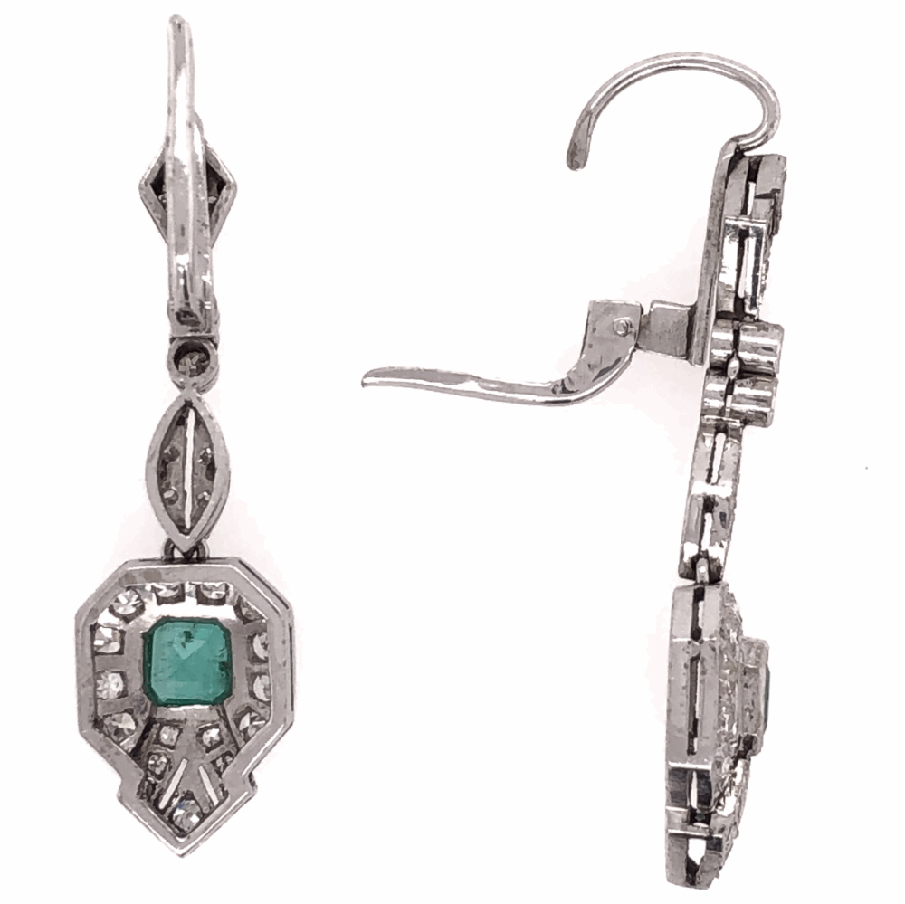Image 2 for Platinum Art Deco .50tcw Emerald & ,55tcw Diamond Drop Earrings 5.9g, 1.5" Tall