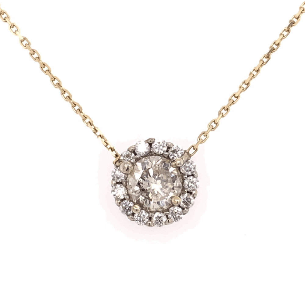 14K Yellow Gold 1.08ct Round Diamond in Halo Diamond .12tcw Necklace 18"
