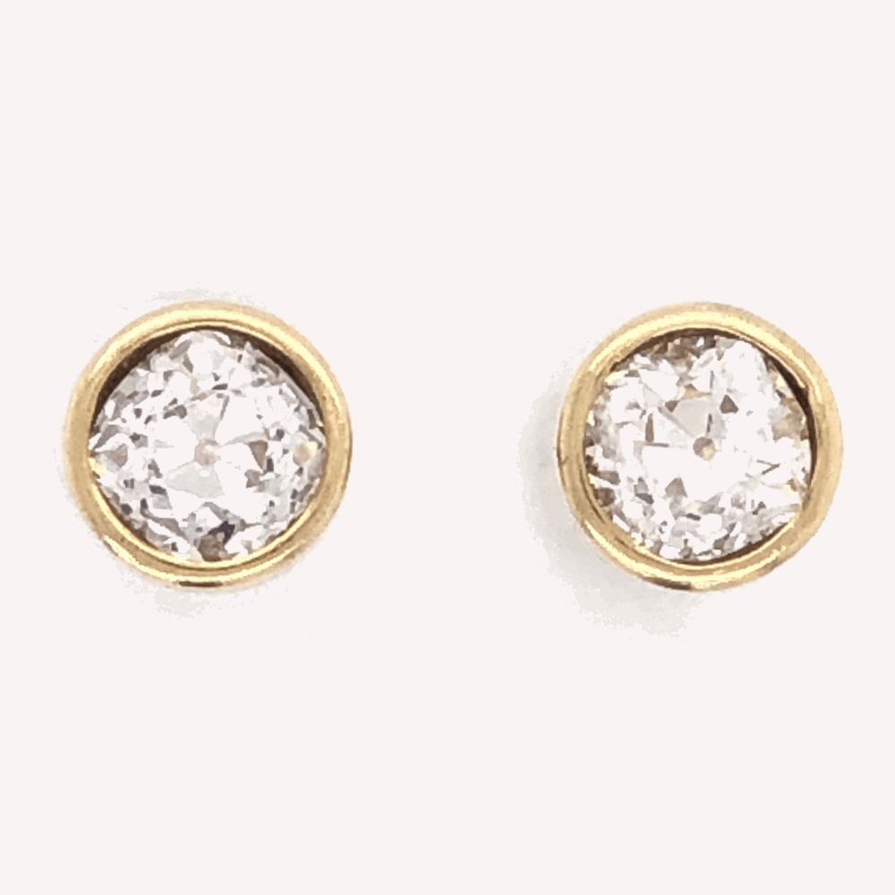 14K Yellow Gold Bezel Set Stud Earrings 2 Old Mine Diamonds 2.50tcw 3.1g with Screw Back Posts