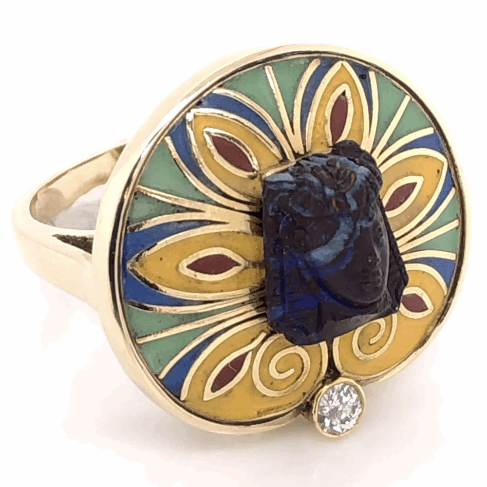 Size 7 14K Yellow Gold KING TUT .12ct Diamond, Enamel & Carved Opal Ring 11.7g, c1970, s7
