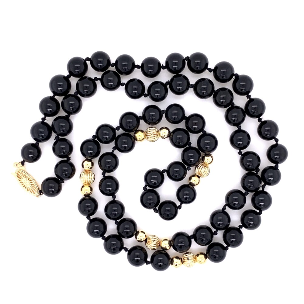14K YG Onyx & Gold Bead Necklace 46.0g, 28"