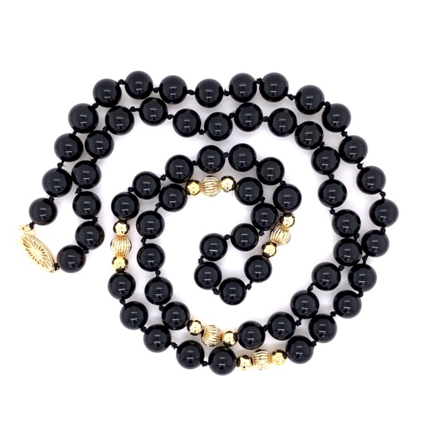 Closeup photo of 14K YG Onyx & Gold Bead Necklace 46.0g, 28"