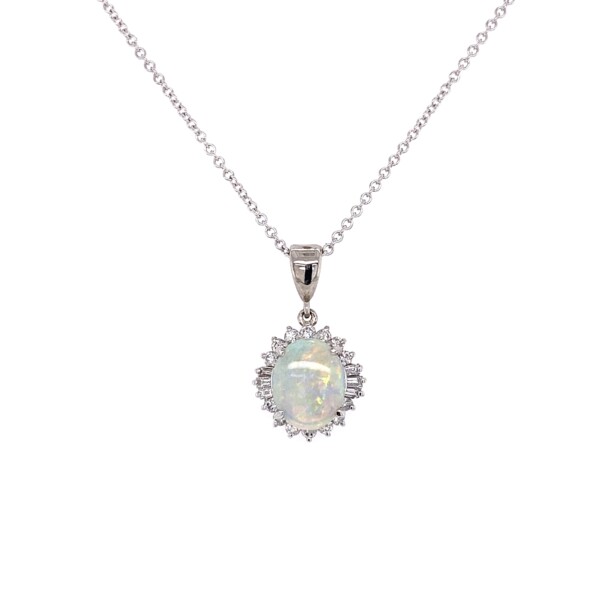 Closeup photo of Platinum 1.25ct White Australian Opal & .38tcw Diamond Pendant 5.7g on 14K Chain, 16"