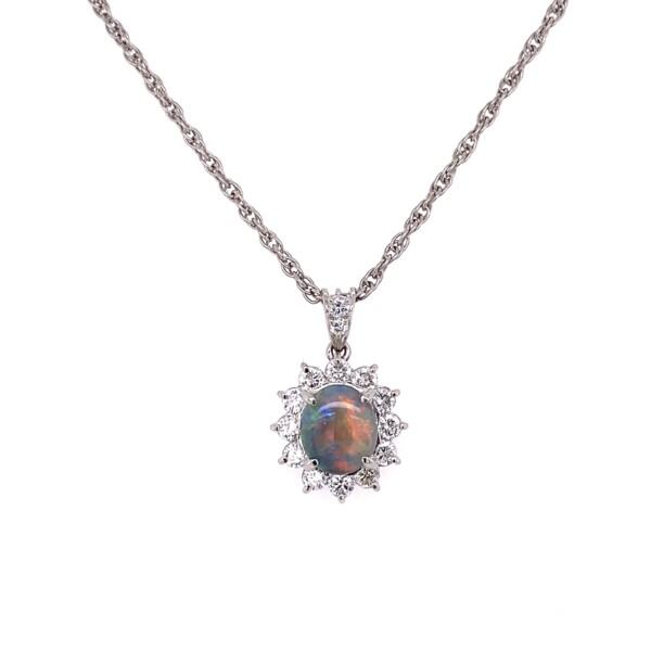 Closeup photo of Platinum 1.02ct Lightning Ridge Black Opal & .73tcw Diamond Necklace 8.2g, 17"