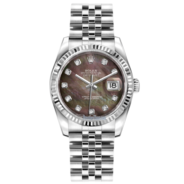 Closeup photo of Rolex 116234 36mm DateJust 18K Stainless MOP Diamond Dial Jubilee Band Naked