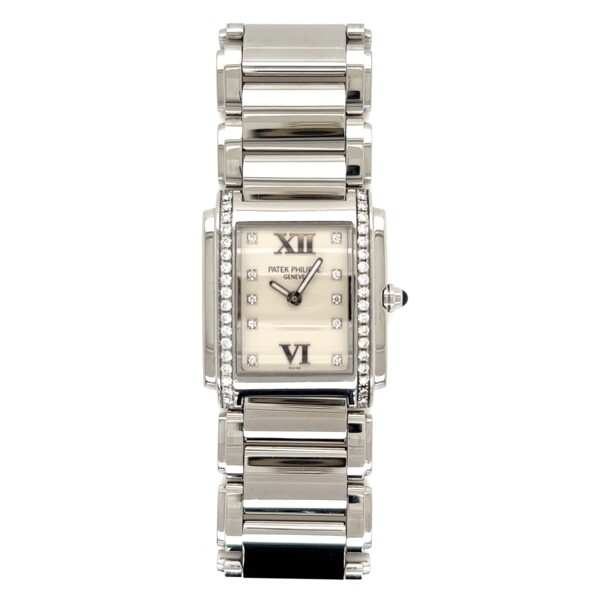 Closeup photo of Patek Philippe 4910/10A Stainless Steel Diamond Quartz Watch, Cream Dial