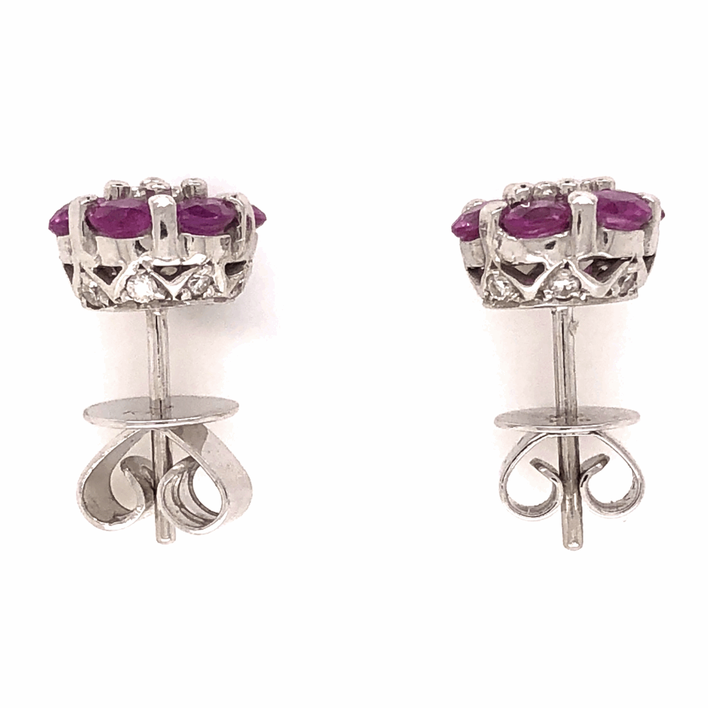 Image 2 for 18K White Gold Cluster Stud Earrings Diamonds Pink Sapphires
