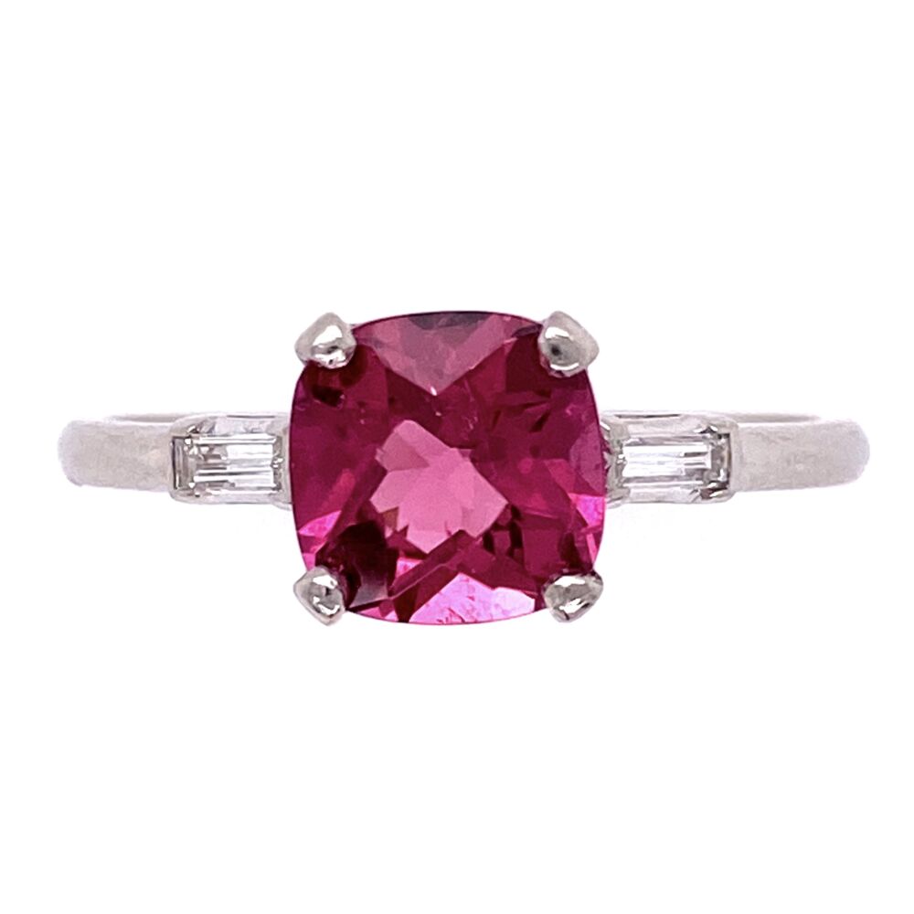 Platinum and classic with a beautiful checkerboard cut, vibrant rubelite tourmaline, Size 8.5 Platinum 1.53ct Cushion Pink Tourmaline with 2 Diamond .20tcw 4.1g, s8.5
