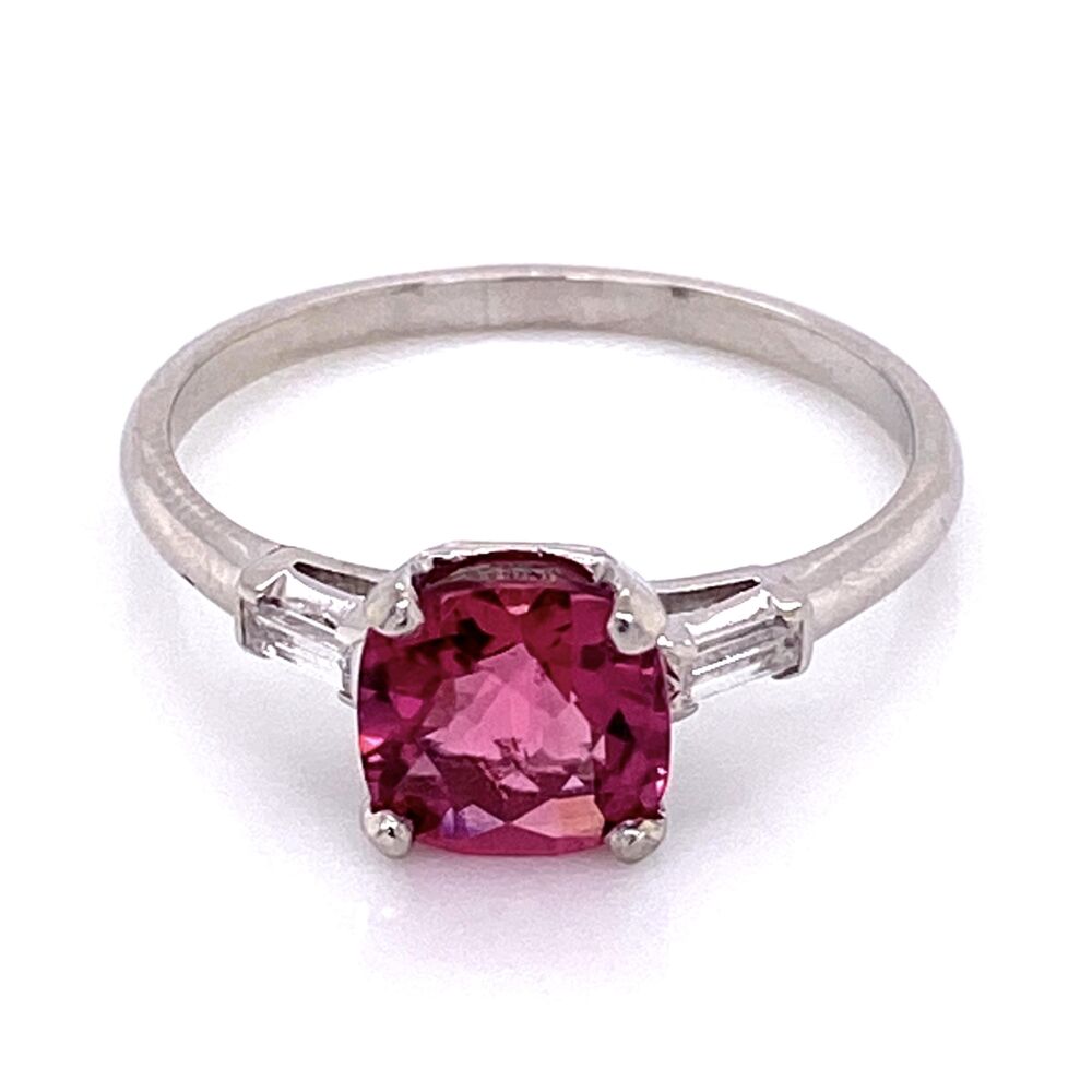 Platinum and classic with a beautiful checkerboard cut, vibrant rubelite tourmaline, Size 8.5 Platinum 1.53ct Cushion Pink Tourmaline with 2 Diamond .20tcw 4.1g, s8.5
