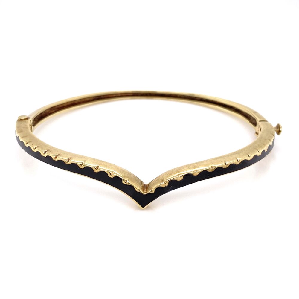 <a href="https://youtu.be/kPDeE_4ZviY" title="https://youtu.be/kPDeE_4ZviY" style="text-decoration: none;">https://youtu.be/kPDeE_4ZviY</a> 14K Yellow Gold Victorian Curved Black Enamel Bangle Bracelet, 15.1g