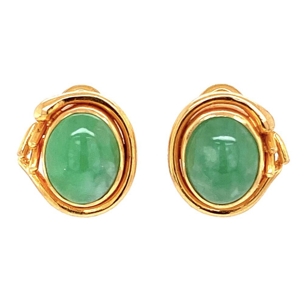Natural Jadeite Jade Earrings in Rich Yellow Gold. 18K Yellow Gold Natural Jadeite Jade Earrings with French Clip Backs, c1960's