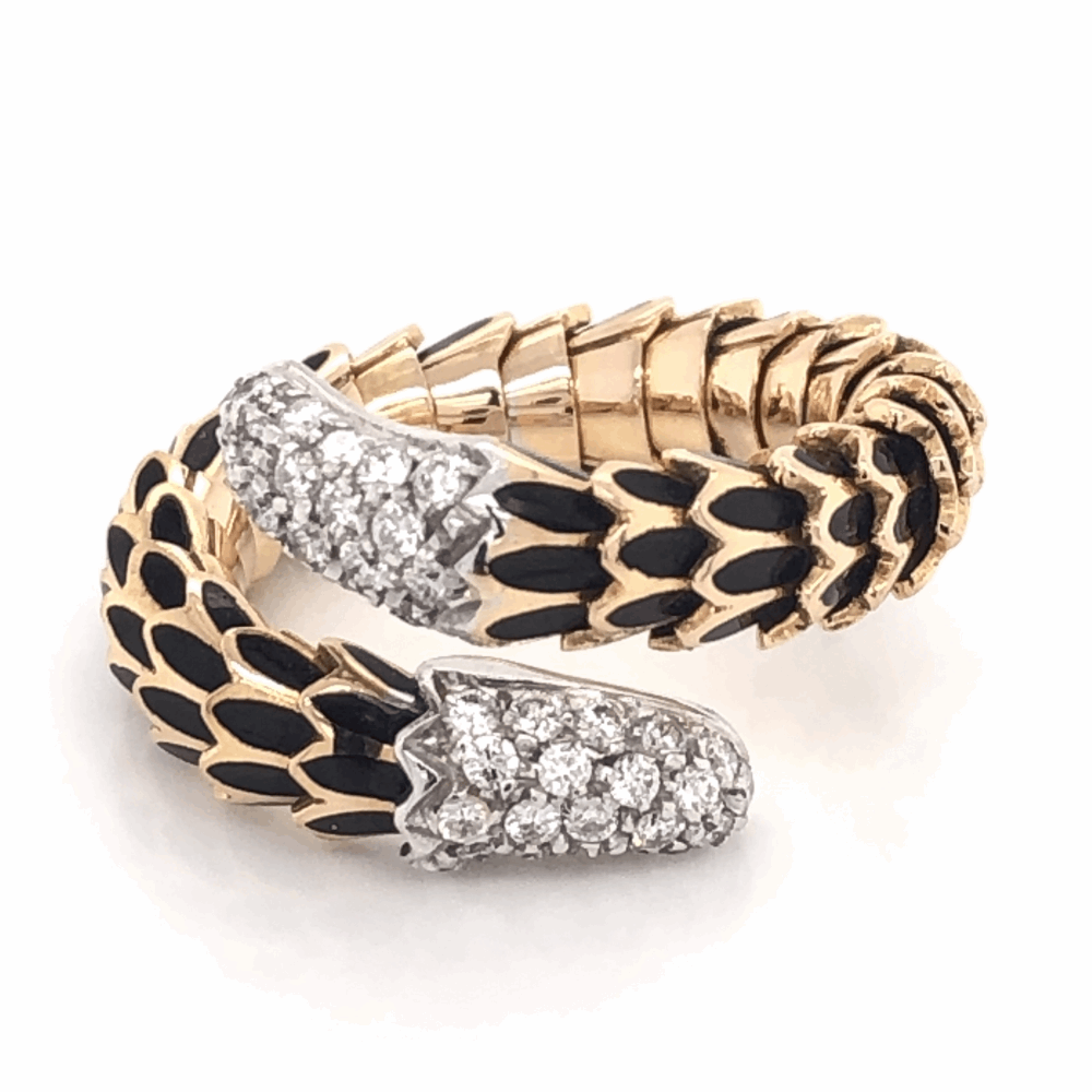 This is an authentic Roberto Coin Amazing Ring. The ring was originally purchased at Neiman Marcus in 2007, but now you can give it a new home! It flexes so can be a size 6.25-7.5<div style="position: initial; margin: initial;"><span style="font-size: 16.8px; position: initial; margin: initial;"><a href="https://youtu.be/OIJPopuVLnI" title="https://youtu.be/OIJPopuVLnI" style="text-decoration: none;">https://youtu.be/OIJPopuVLnI</a></span><br style="position: initial; margin: initial;"></div> 18K Rose Gold Scale Ring .60tcw diamonds Black Enamel & Flexible