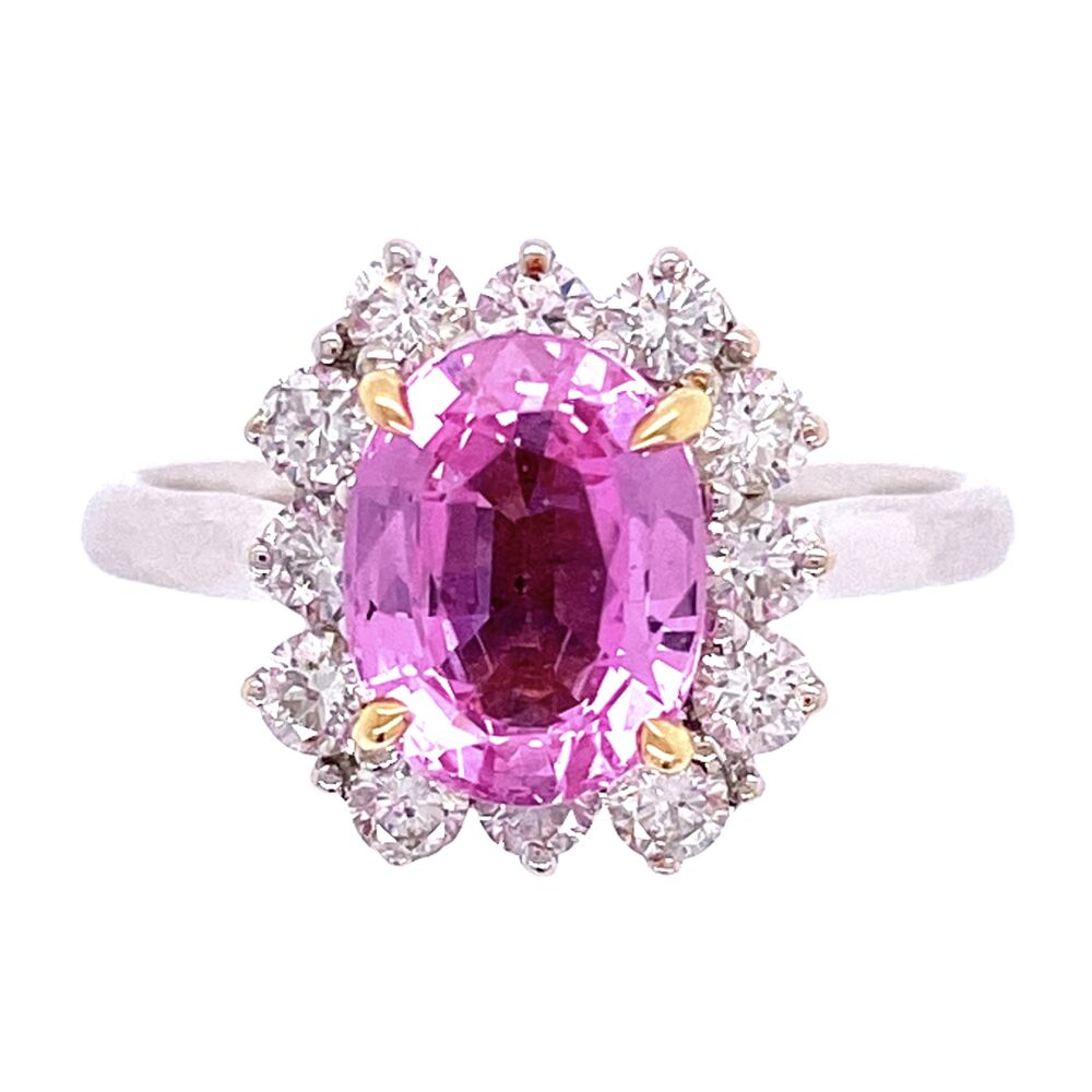 One of Shea's Favorite, classic styling halo with gorgeous Pink Sapphire. Size 6.75. 18K 2tone 2.32ct Oval Pink Sapphire & .61tcw Ring c1960's, s6.75