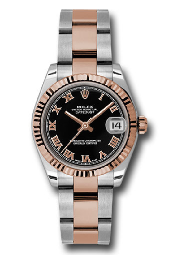 Closeup photo of Rolex Mid-Size 31mm stainless steel case, 18K pink gold fluted bezel, and stainless steel and 18K pink gold Oyster bracelet.
