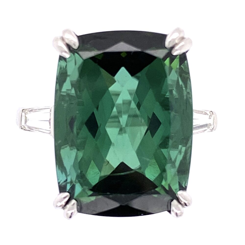Platinum 12.26 Rectangular Cut Green Tourmaline Ring 2 baguette Diamonds .30tcw, 7.9g