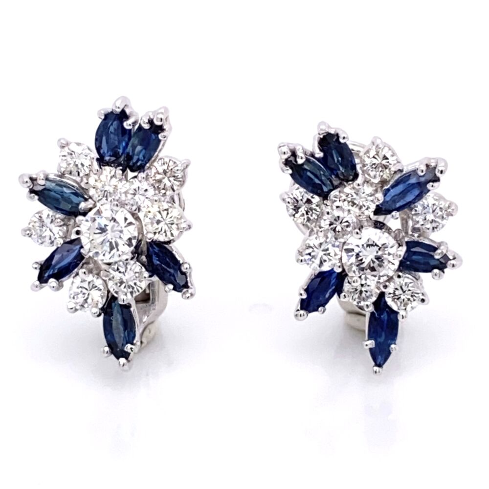 <span style="font-size: 16.8px; position: initial; margin: initial;"><a href="https://youtu.be/Hm501WPaSyI" title="https://youtu.be/Hm501WPaSyI" style="text-decoration: none;">https://youtu.be/Hm501WPaSyI</a></span> 14K White Gold Cluster Earrings 2.16tcw diamonds & 1.80tcw sapphires Omega backs, c1950's