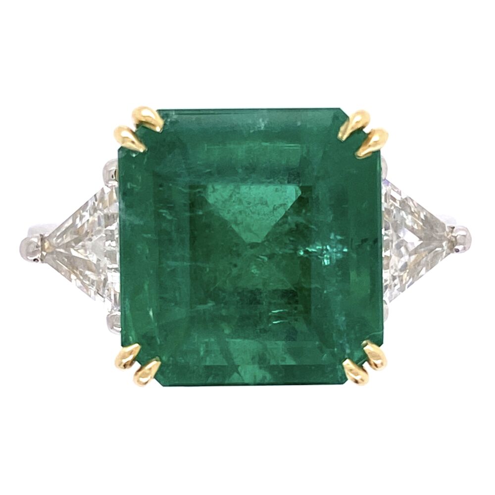 Platinum and 18K yellow gold emerald Cut Emerald and diamond ring. GIA #21852004555. Platinum/18K 6.69ct Emerald Cut Emerald Ring, GIA #21852004555, 2tril= .94tcw