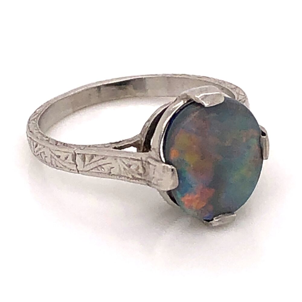 Image 2 for Platinum Art Deco 2.50ct Dark Gray Australian Opal engraved ring, c1930's s6