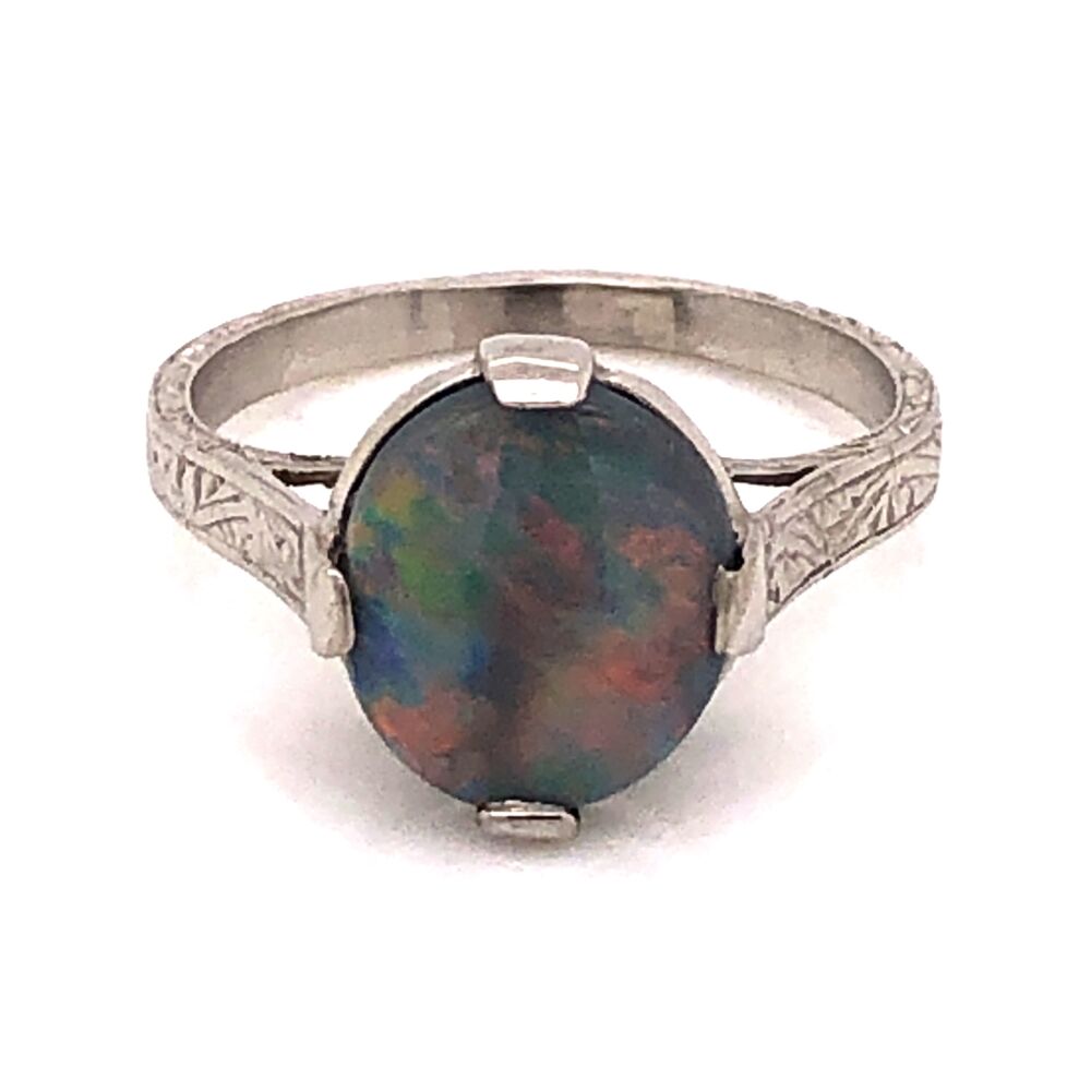 Size 6<div style="position: initial; margin: initial;"><span style="font-size: 16.8px; position: initial; margin: initial;"><a href="https://youtu.be/7EdJLiiXLcg" title="https://youtu.be/7EdJLiiXLcg" style="text-decoration: none;">https://youtu.be/7EdJLiiXLcg</a></span><br style="position: initial; margin: initial;"></div> Platinum Art Deco 2.50ct Dark Gray Australian Opal engraved ring, c1930's s6