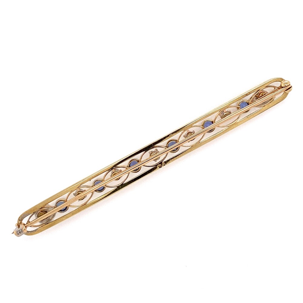 14K Yellow Gold Victorian Bar Brooch with Montana Sapphires and Diamonds . Measures 3".<div style="position: initial; margin: initial;"><span style="font-size: 16.8px; position: initial; margin: initial;"><a href="https://youtu.be/6p7QP28fpqw" title="https://youtu.be/6p7QP28fpqw" style="text-decoration: none;">https://youtu.be/6p7QP28fpqw</a></span><br style="position: initial; margin: initial;"></div> 14K Yellow Gold Victorian Bar Brooch 3" 1.55tcw Montana Sapphires & Diamonds