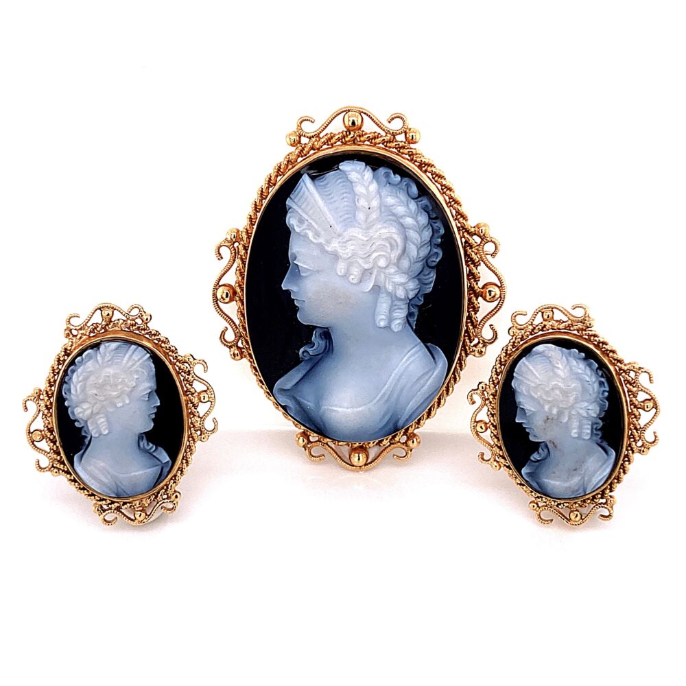14K Yellow Gold Victorian Revival Onyx Cameo Earrings & Pendant/Brooch Set 15.7g