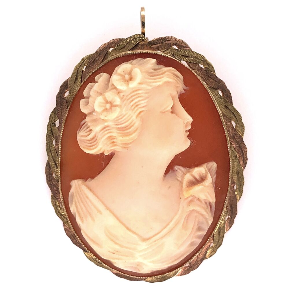 10K Rose and Green Gold Weave Shell Cameo Brooch Pendant, 1.5" tall.<div style="position: initial; margin: initial;"><span style="font-size: 16.8px; position: initial; margin: initial;"><a href="https://youtu.be/TF1Y8sXhMQ4" title="https://youtu.be/TF1Y8sXhMQ4" style="text-decoration: none;">https://youtu.be/TF1Y8sXhMQ4</a></span><br style="position: initial; margin: initial;"></div> 10K Rose Green Gold Weave Shell Cameo Brooch Pendant 1.5" tall 7.4g