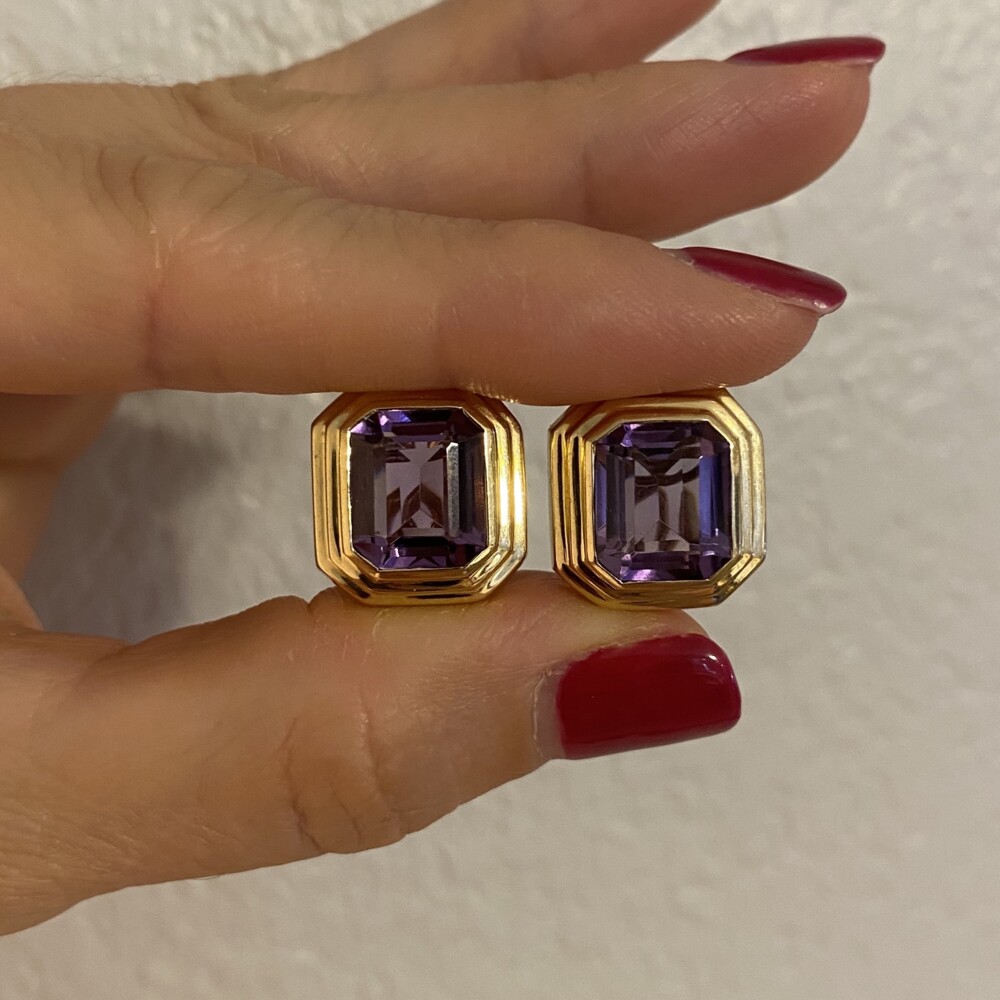 Image 2 for 14K YG Emerald Cut Amethyst Bezel Set French Clip Earrings 12.3g