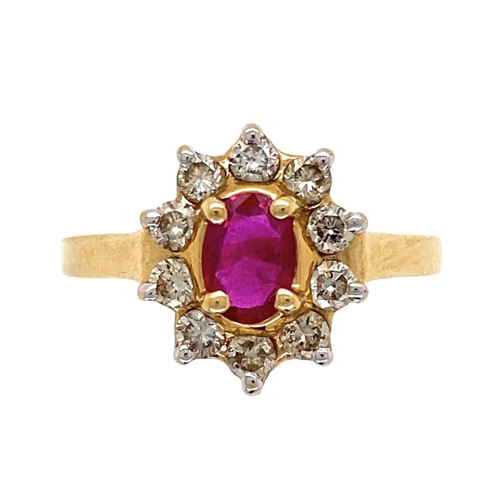 Size 7<div style="position: initial; margin: initial;"><a href="https://youtu.be/narIHLWu4Dk" title="https://youtu.be/narIHLWu4Dk" style="text-decoration: none;">https://youtu.be/narIHLWu4Dk</a><br style="position: initial; margin: initial;"></div> 14K Yellow Gold .40ct Oval Ruby & .50tcw Diamond Halo Ring 3.1g, s7