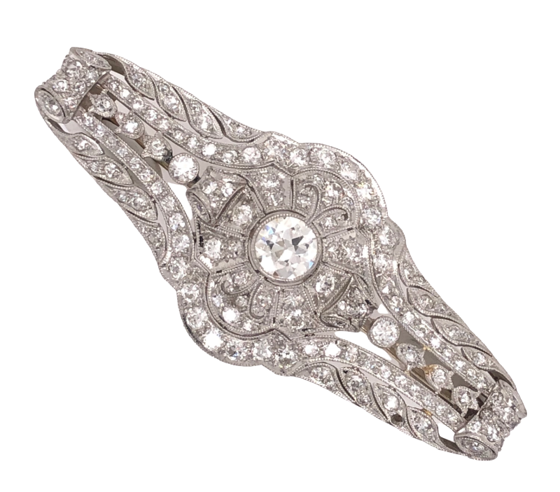 Platinum Art Deco Diamond Filigree & Milgrain Brooch Pin .75ct Old European Cut & 3.40tcw side Diamonds 11.3g, 2.25" Long